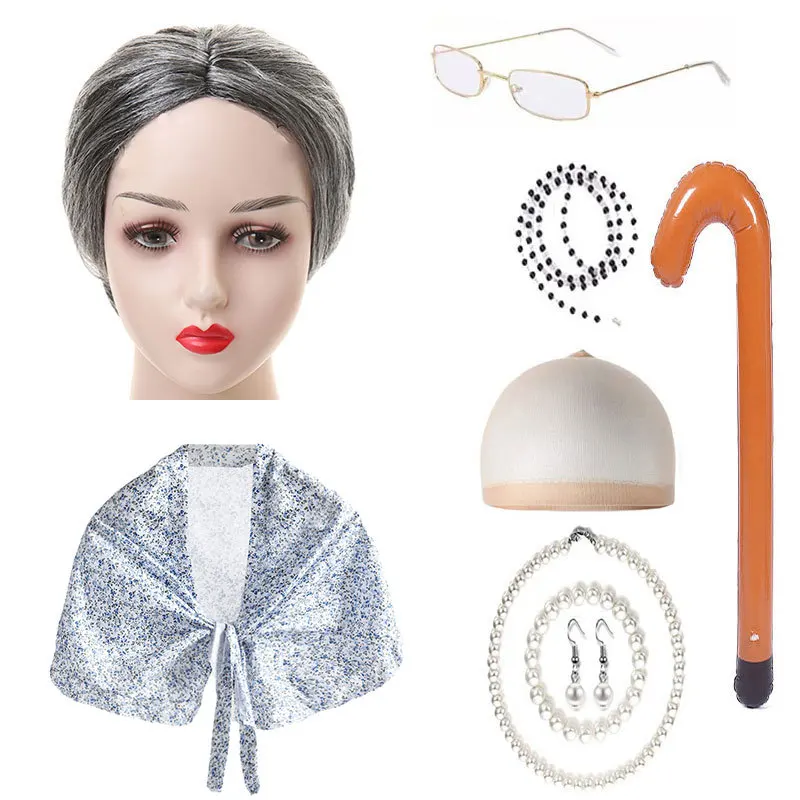 Wig Nenek Terlaris Karena Alat Peraga Pertunjukan Tari Halloween Set Wig Rambut Keriting Abu-abu
