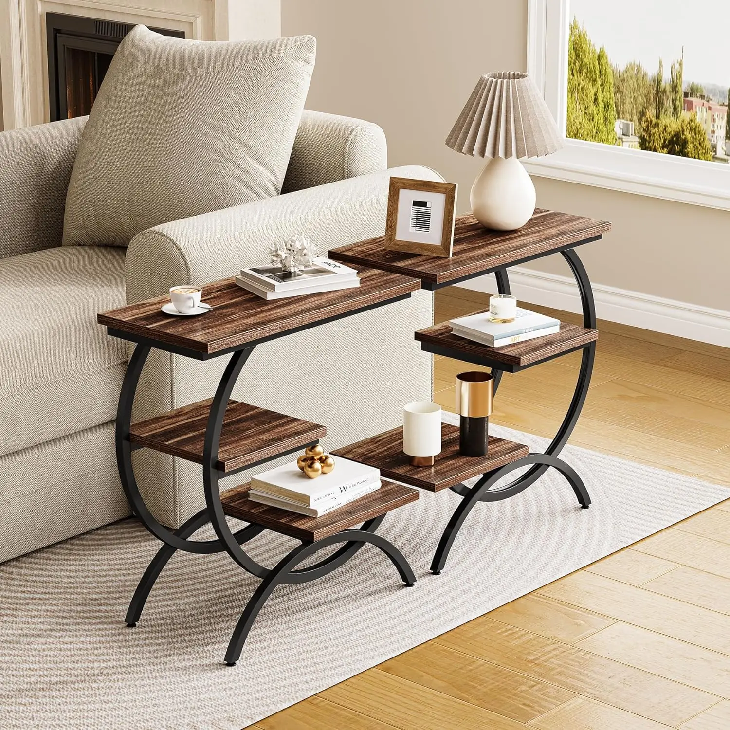 

End Table Set 2, Narrow End Table with 3 Storage Shelves, for Living Room, Industrial C-shaped Small Sofa Side Table