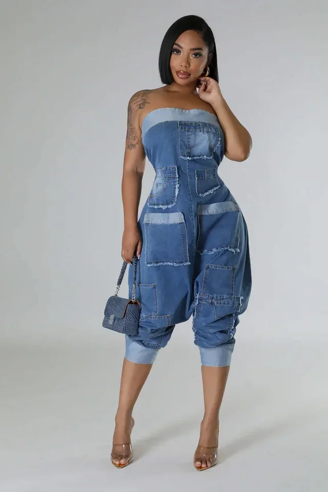 

Multi Pockets Jeans Cargo Overalls Sexy Women Strapless Elegant Denim Casual Loose Jumpsuit Romper