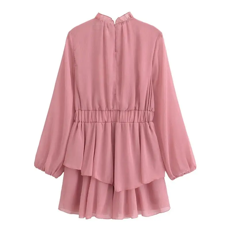 TRAF Dresses Women\'s Autumn 2024 New Chic Chiffon Elegant Pink Holiday Women\'s Dress Street Fashion Youth Comfortable Mini Dress