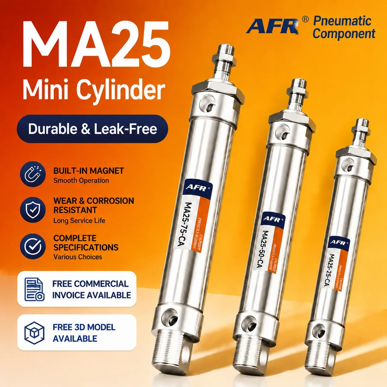 MA25X50 75 100SCA 25mm Bore Pneumatic Air Cylinder, Double Acting 25-500mm Stroke Compact Cylinder for Automation
