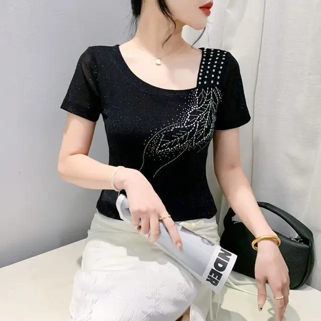 Fashionable Summer New Style Mesh Short-sleeved Chic Ironing Diamond Beaded Women Top T-shirt