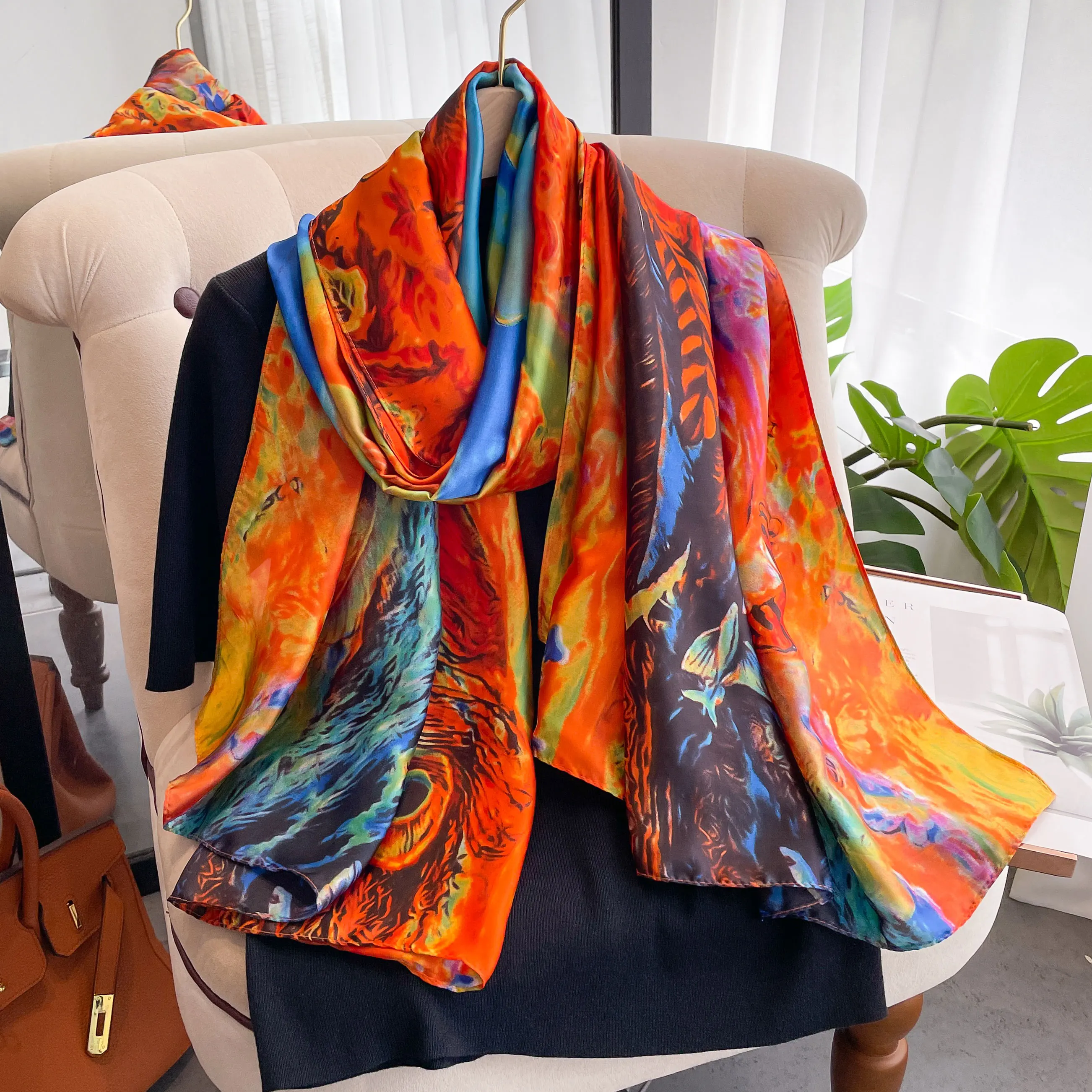 New 180*90cm Classic Silk Scarf Women Foulard Office Lady Large Fashion Print Beach Hijab Shawl Warp Bandanna Muffler Pareo