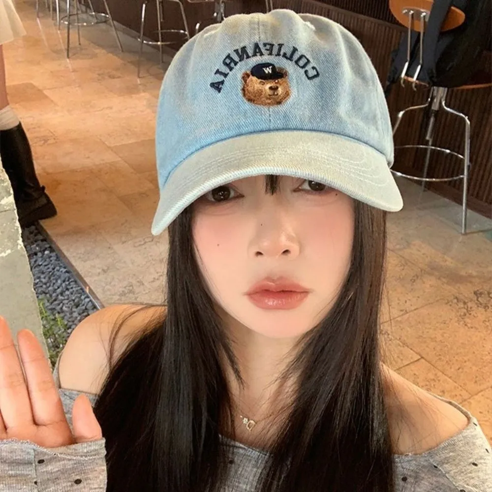 

Trend Korean Bear Embroidery Cap Cotton Versatile Men Women Baseball Cap Solid Color Sweet Snapback Hat Visors
