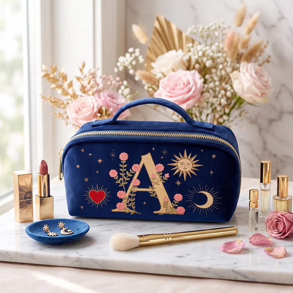 Imitations-Stickerei-Stil, Kosmetiktasche, marineblauer Samtbeutel, Vintage-Design, Samt-Kosmetiktasche, Geburtstagsgeschenk für Frauen. – Detail 4