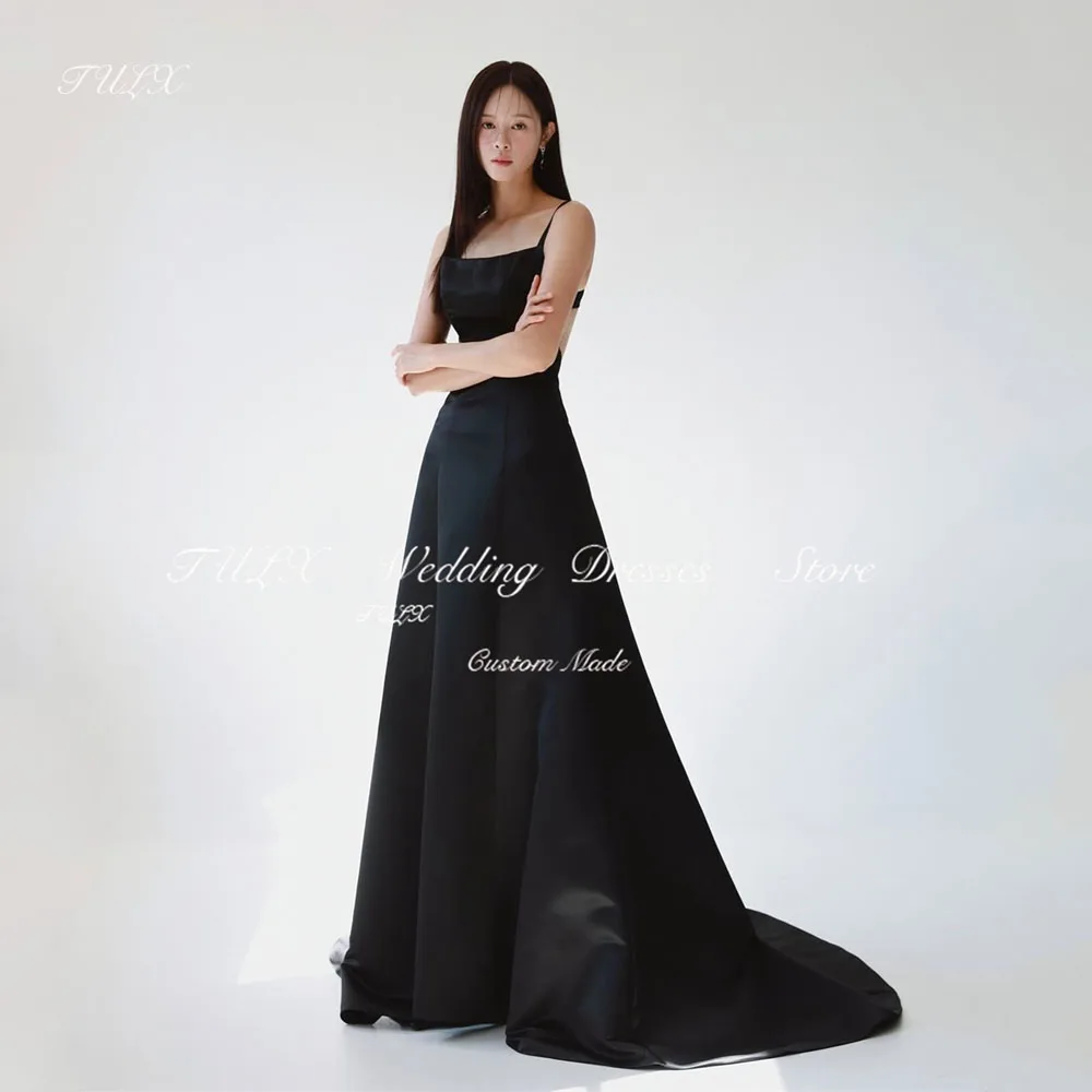 

TULX Simple Spaghetti Strap Satin Evening Dress Korea Backless Wedding Photo Shoot Dress Black Long Sweep Train Customized 웨딩드레스