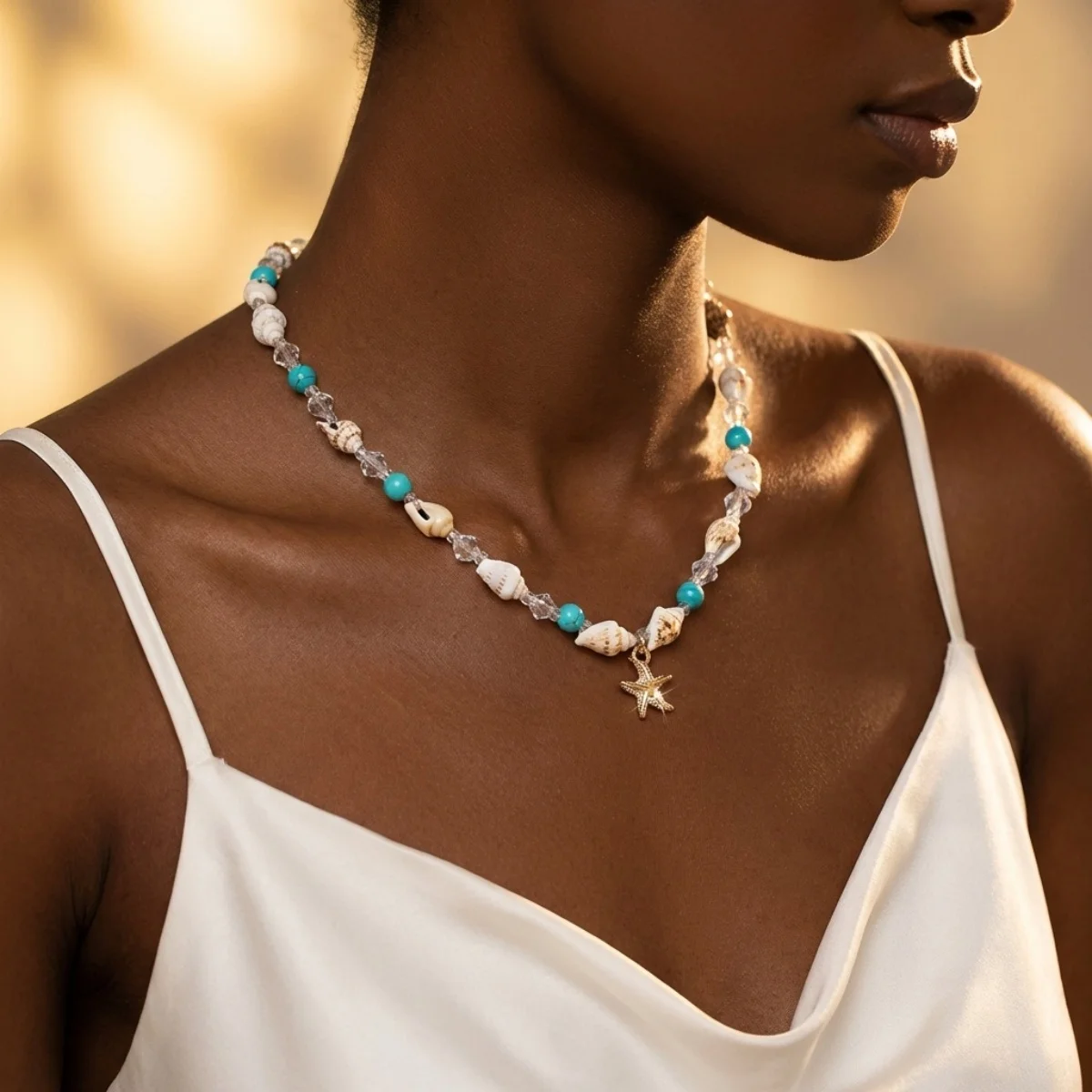 Metall-Seestern-Muschel-Anhänger-Halskette für Damen und Herren, Kristall-Reisperlen-Choker, Bohemian-Strandurlaub, Sommerparty-Schmuck – Detail 7