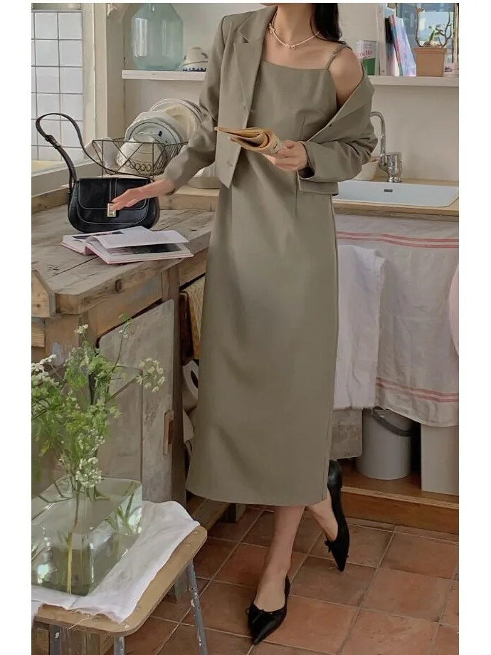 Chic Short Suit Jacket And Halter Dress Set Korean Style Versatile Outfit for Various Occasions Spring Autumn Winter Wear