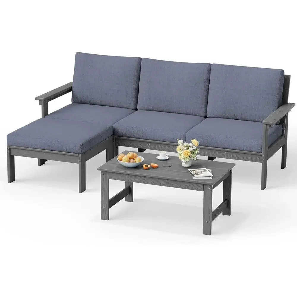 

5-Piece All-Weather Outdoor Sectional Sofa Set with Chaise, Ottoman, and Gray Cushions