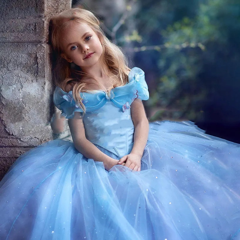 2024 New Princess Mermaid Dress For Little Girls Kids Sequined Tulle Elegant Blue Long Ball Gown Children Court Style Partywear