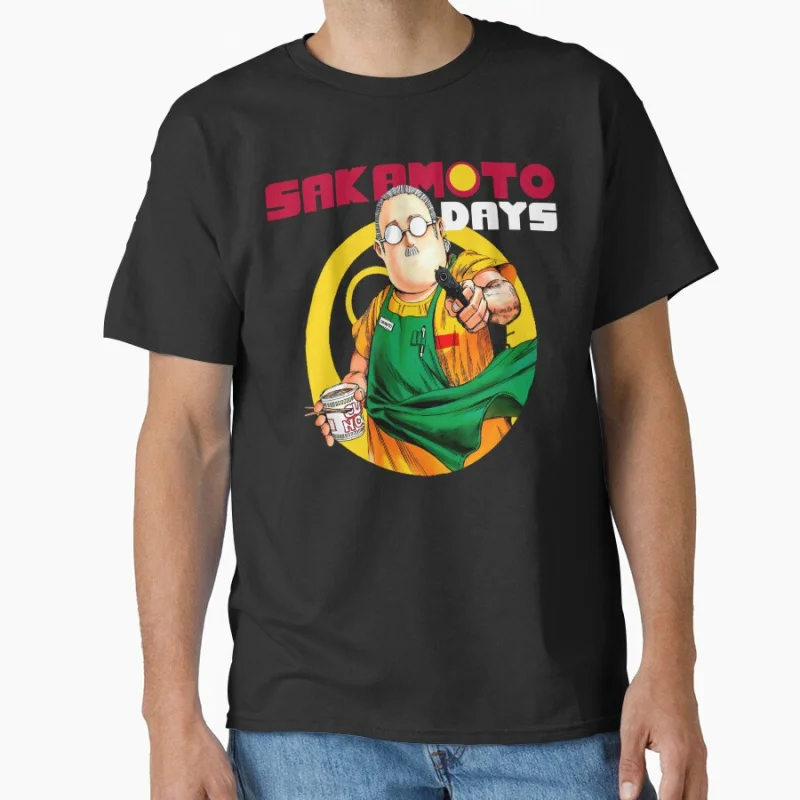 

80s Manga Sakamoto Days Holding Ramen Anime t shirt for men Large size Tops S-6XL 100% cotton mens Clothes