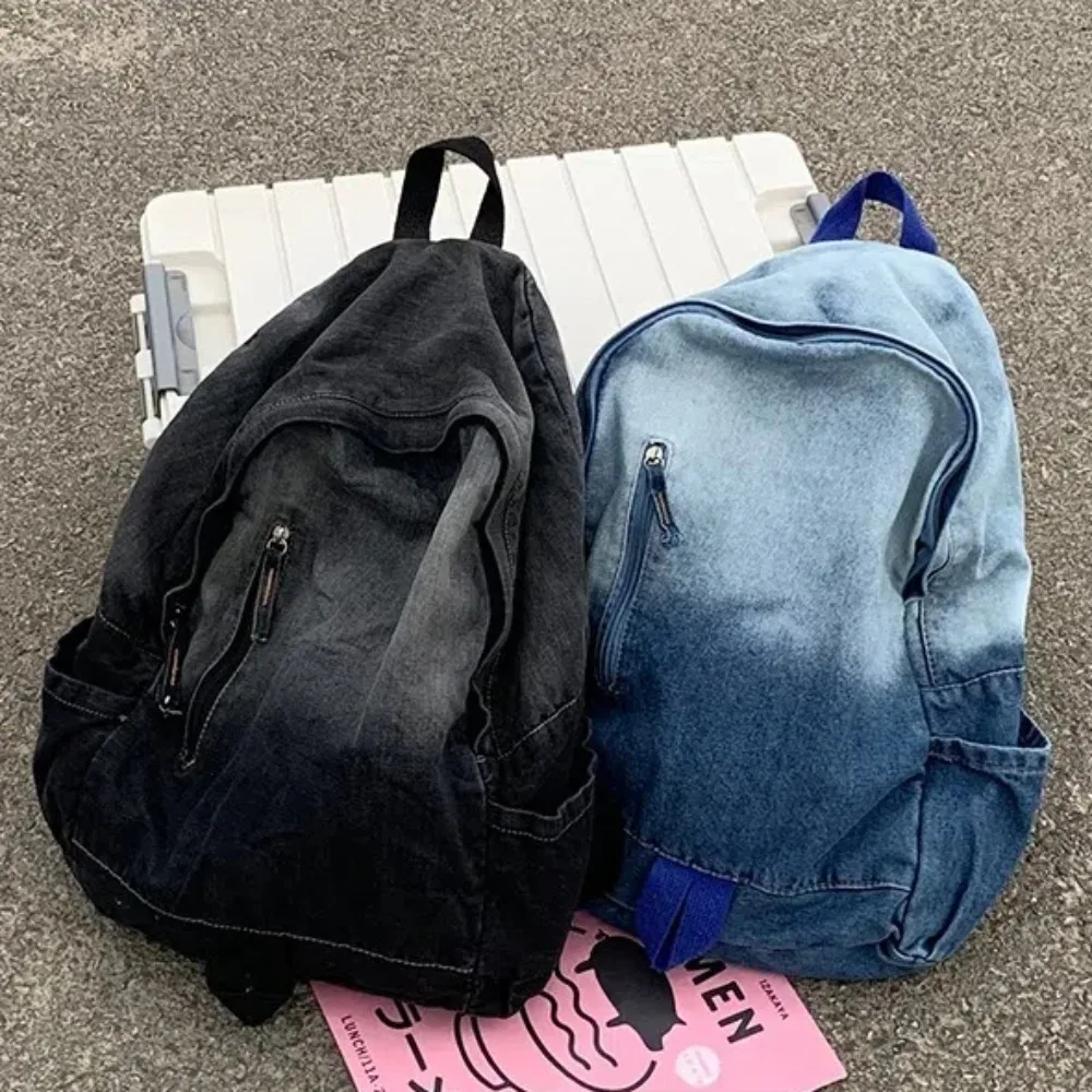 Y2K Korean Casual Denim Backpack Fashion Star Pattern Large Capacity Student Schoolbag Teenagers Vintage Punk Travel Book Bag