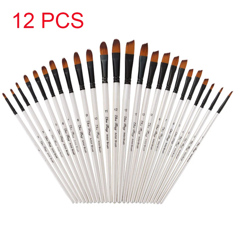 12 pcs/set Nylon Hair Wooden Handle Watercolor Paint Brush Pen Set Learning DIY Oil Acrylic Painting Art Paint Brushes Supplies