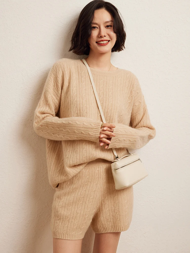 

Luxury Women's 100% Cashmere Long Sleeved Short Pants Knitted Set Sweet Style Autumn Winter Twist Flower Pullover Casual Sweater