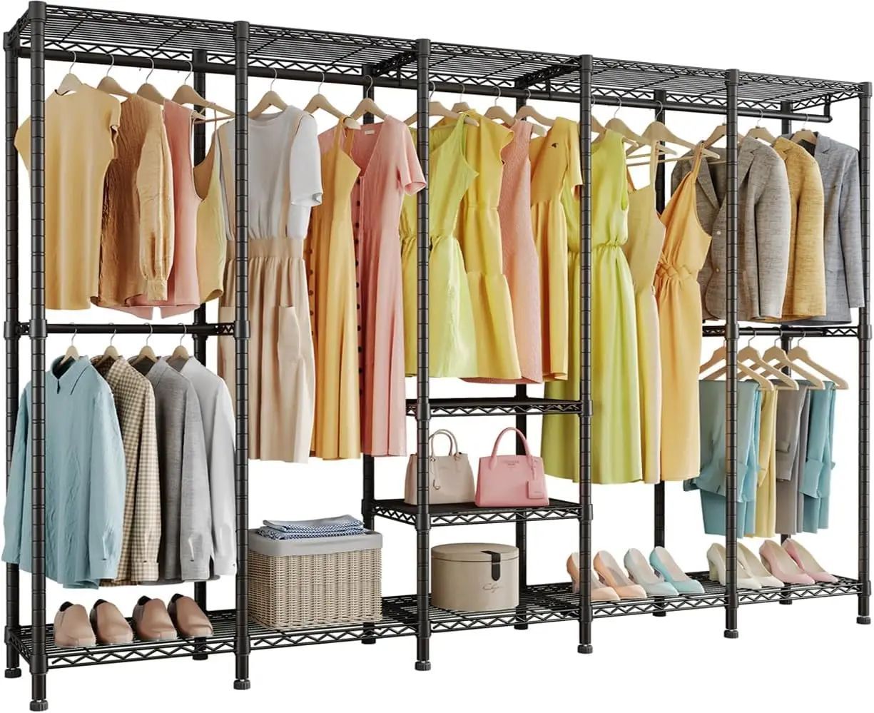 Extra Large Heavy Duty Wire Garment Rack, Adjustable Shelf Freestanding Closet for Hanging Clothes, Black, 1400 lbs Capacity