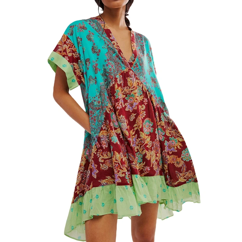 Dames Boho Mini-Jurk Y 2K Bloemen Met Diepe V-Hals Poff Mouw Korte Jurken 2024 Zomer Causale Strandvakantie Zomerjurk