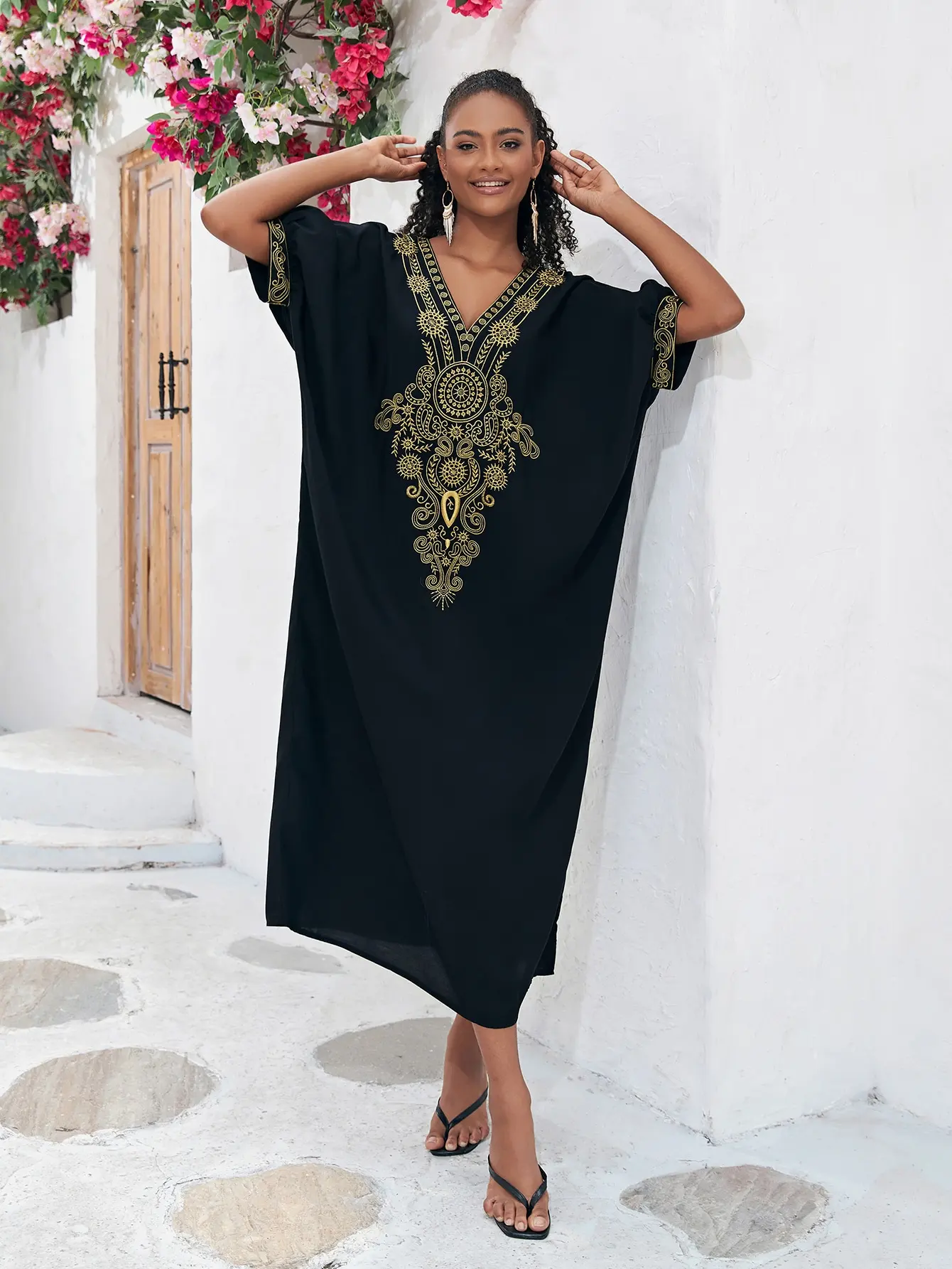 Bohemian Glod ricamo stampato caftano allentato con scollo a V abito a fessura 2024 estate donna Casual Robe Beachwear costume da bagno Cover Up