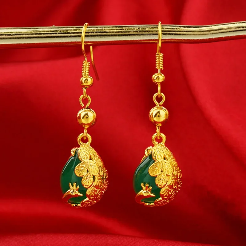 Women's 9999 24K Real Gold Phoenix Gemstone Earrings with Retro Peacock Transport Beads and Long Tassel Style Earrings Inlay