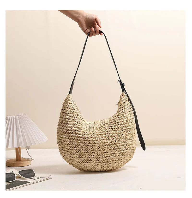 Modische Unregelmäßige Strohtasche Schulterhandtasche Einfarbig Neue Strand-Urlaubstasche für Damen Geflochtene Schultertasche Accessoire – Detail 10