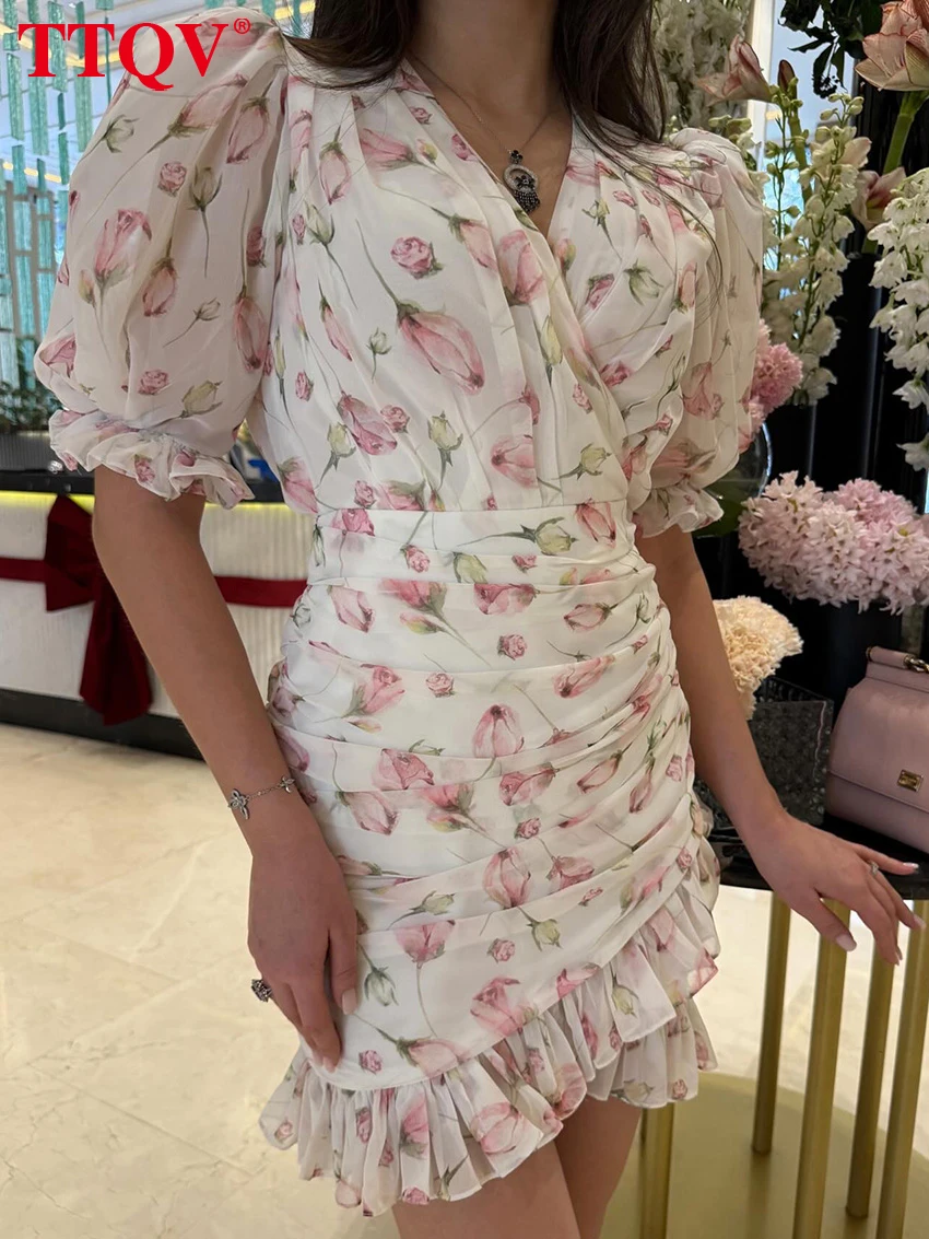 

TTQV Summer Slim Print Women's Dress 2026 Fashion V-Neck Short Sleeve Mini Dresses Lady Elegant High Waist Ruched Female Dress