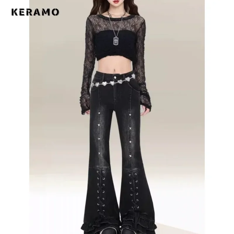 2025 Autumn Women's Harajuku Skinny Jeans Retro Sheath Bow High Waist Y2K Pants Hight Street Vintage Slim Fit Denim Trouser