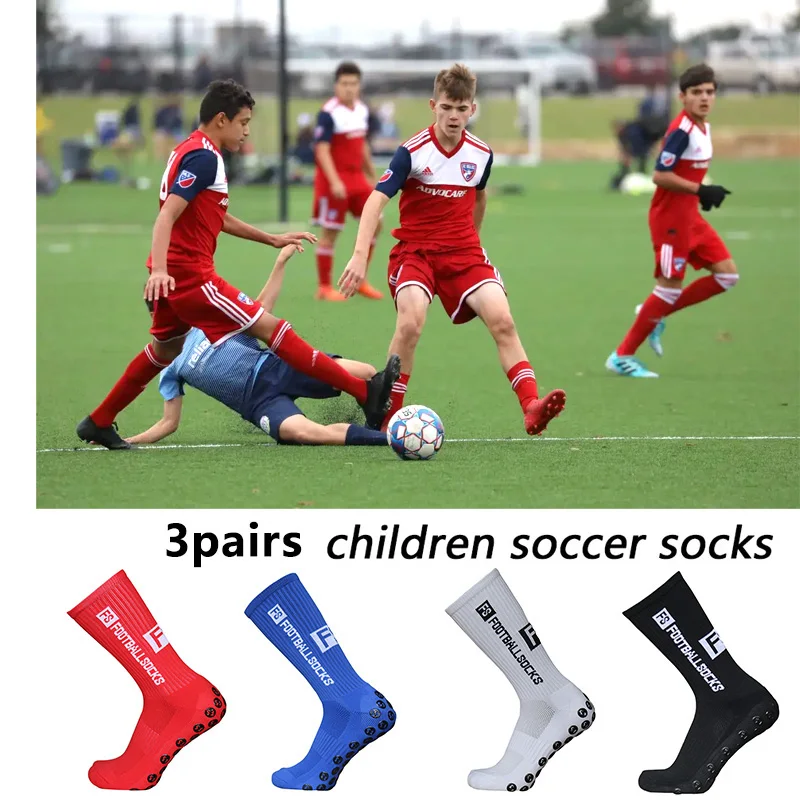 3 pairs New children and youth sports breathable soccer socks square silicone non-slip grip football socks 34-39