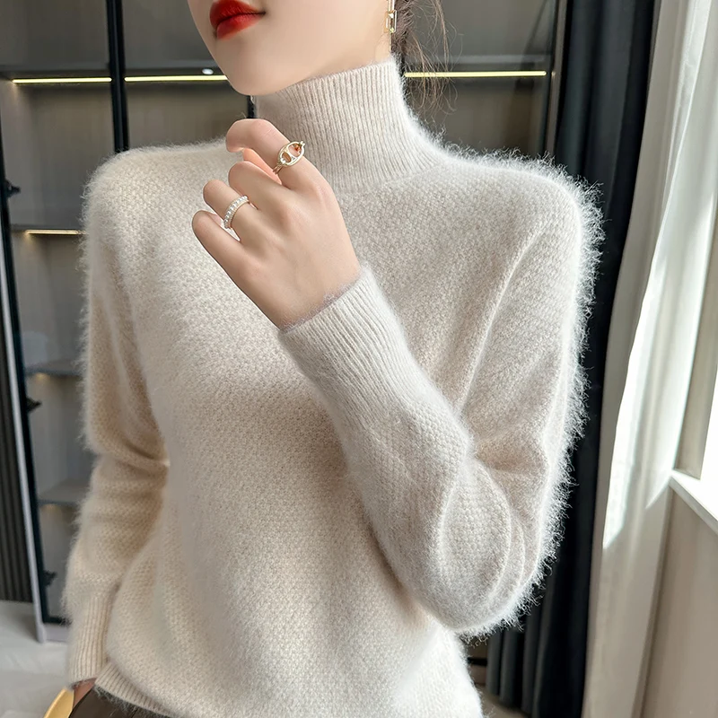 Women's Sweater Autumn/Winter New 100% Cashmere Pullover Casual Solid Color Knitted High Neck Blouse Thickened Loose Tops