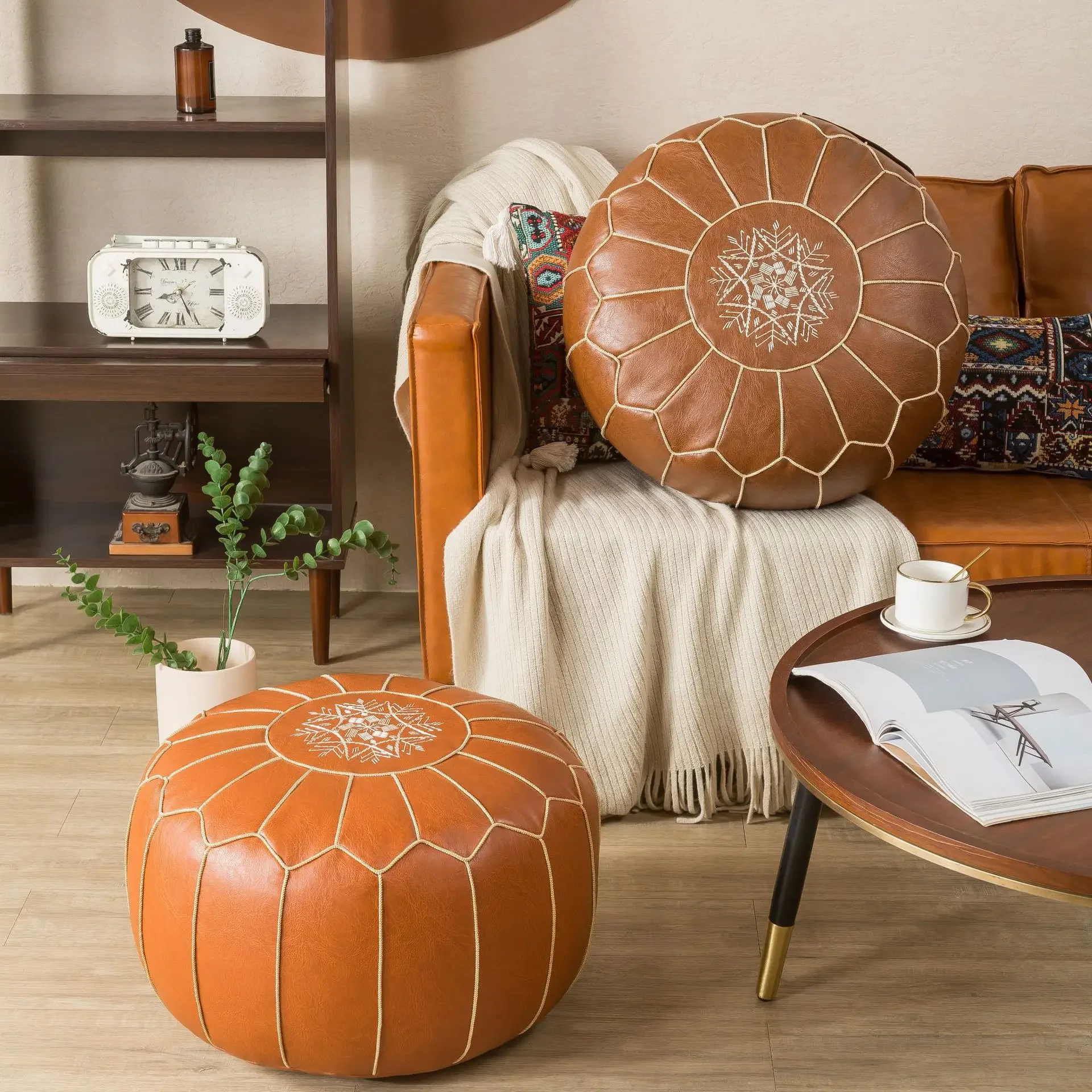 

53cm Vintage Moroccan PU Leather Pouf Cover Embroider Ottoman Footstool Cover Home Decor Artificial Leather Unstuffed Cushion