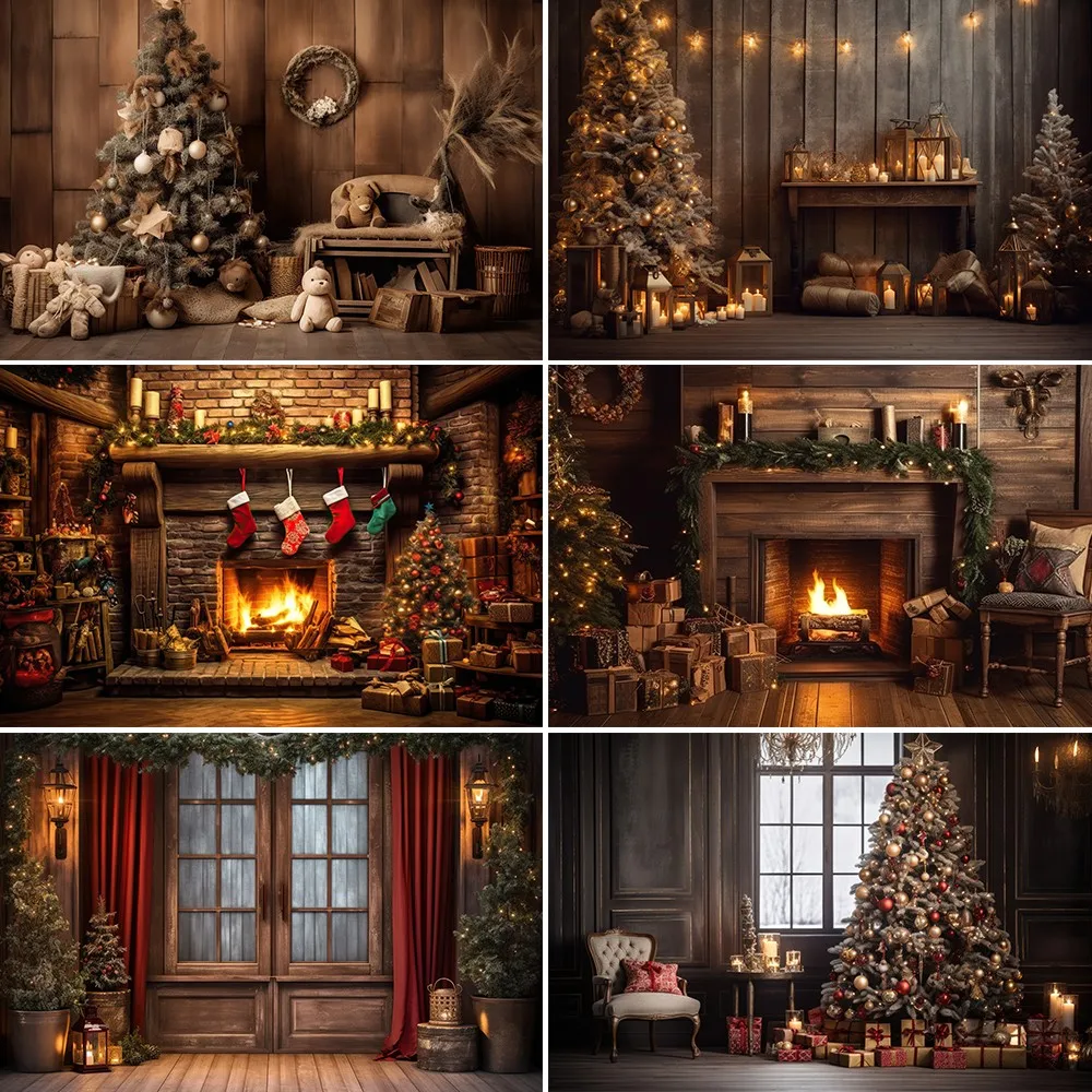 Bonvvie Christmas Photography Background Decor Fireplace Xmas Tree Gifts Family Party Portrait Photocall Backdrop Photo Studio