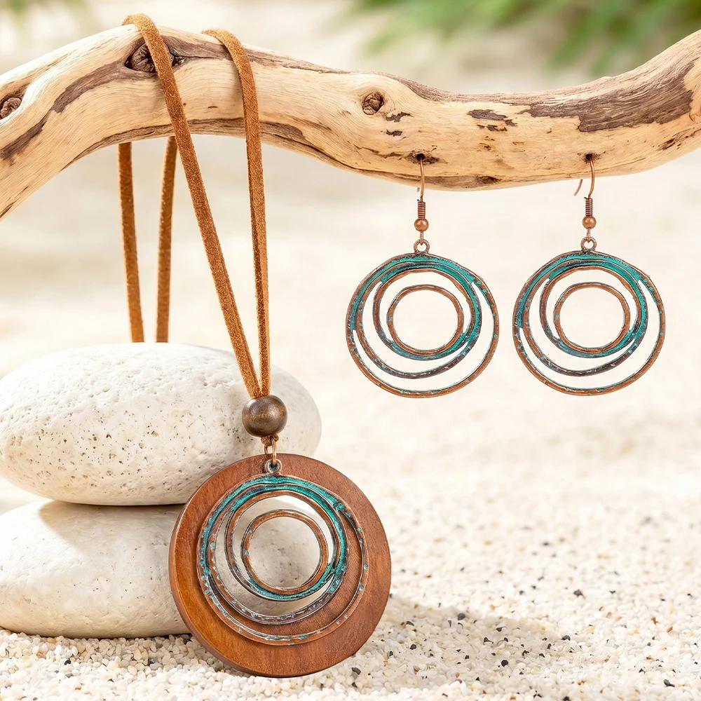 Bohemian Vacation-Style Jewelry Set: 3-Piece Set Featuring Circular Wooden Pendant Necklace and Earrings — Women's Accessories