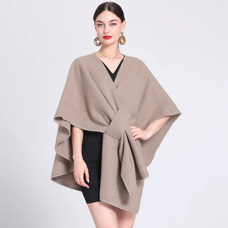 Fashion Side Strap Soft Wool Blends Poncho Cape Coat Autumn Winter Women Cardigan Shawl Cloak