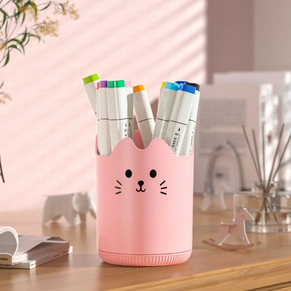 Simple Pencil Holder 360 Degree Rotating Cute Makeup Brush Holder Cat Pattern Design Phone Holder Pencil Display Cup Cosmetics