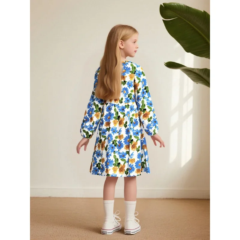 فستان بناتي بأكمام طويلة مزين بالزهور الطازجة لعام 2025 فستان الأميرة المطبوع الحلو