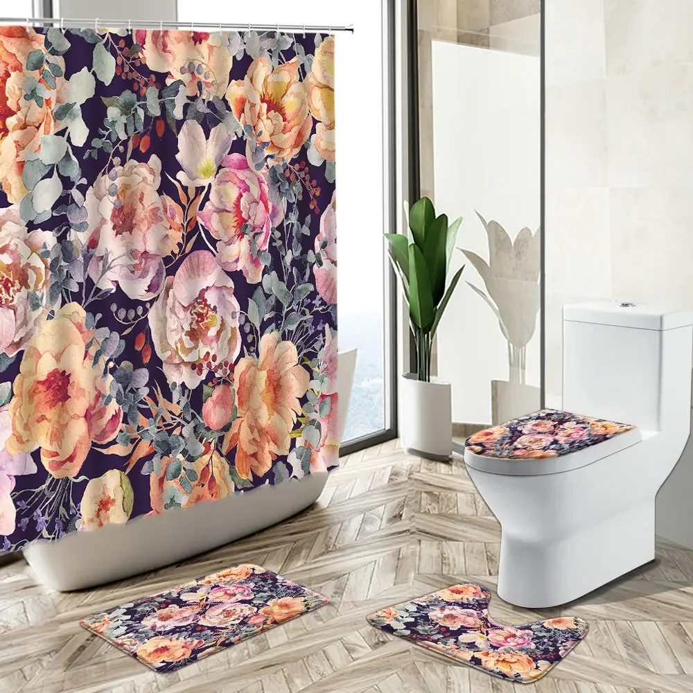 Small Floral Green Leaf Shower Curtain Rose Flower Plant European Pastoral Style Bath Non-Slip Carpet Toilet Cover Floor Mat Set