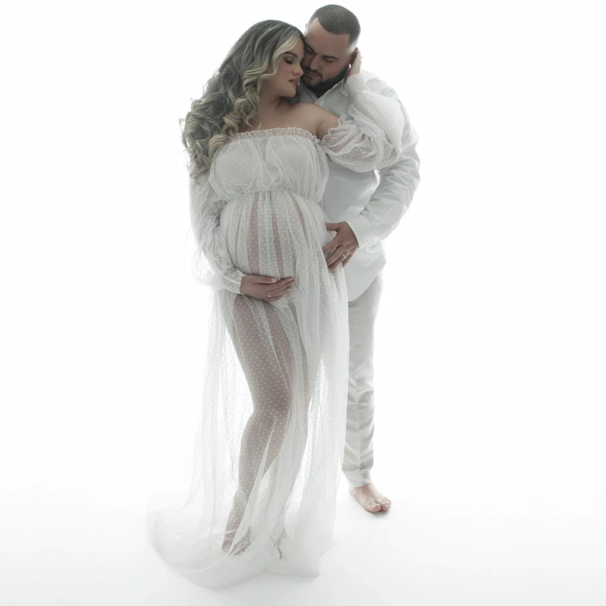 See Through Dot Tulle Maternity Photo Shooting Long Dress Off-the Shoulder Tulle Long Dress For Pregnant Woman Photography Props