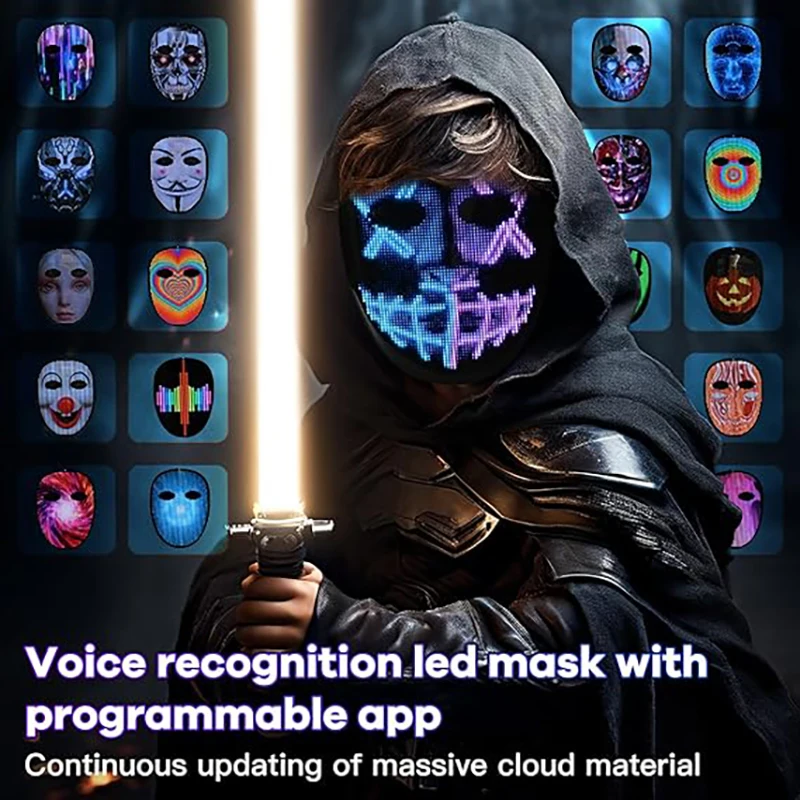 Led Mask with Voice Recognition Gesture Sensing, Light up HD Mask with Programmable App Multi-Patterns Display