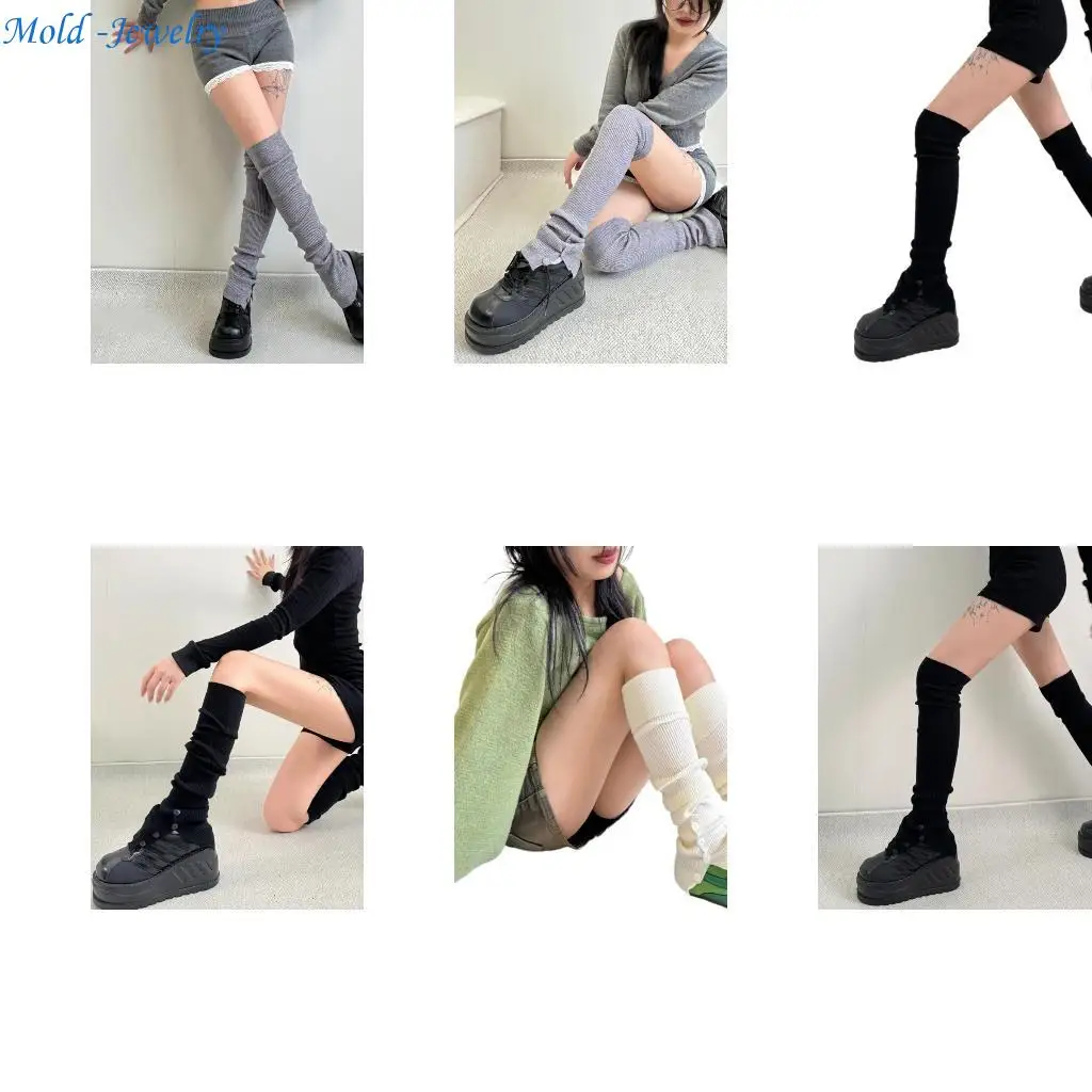 

69HB Ribbed Knit Over the Knee Leg Warmers with Button Split Designs for Daily Wear and Performances Thigh High Long Socks
