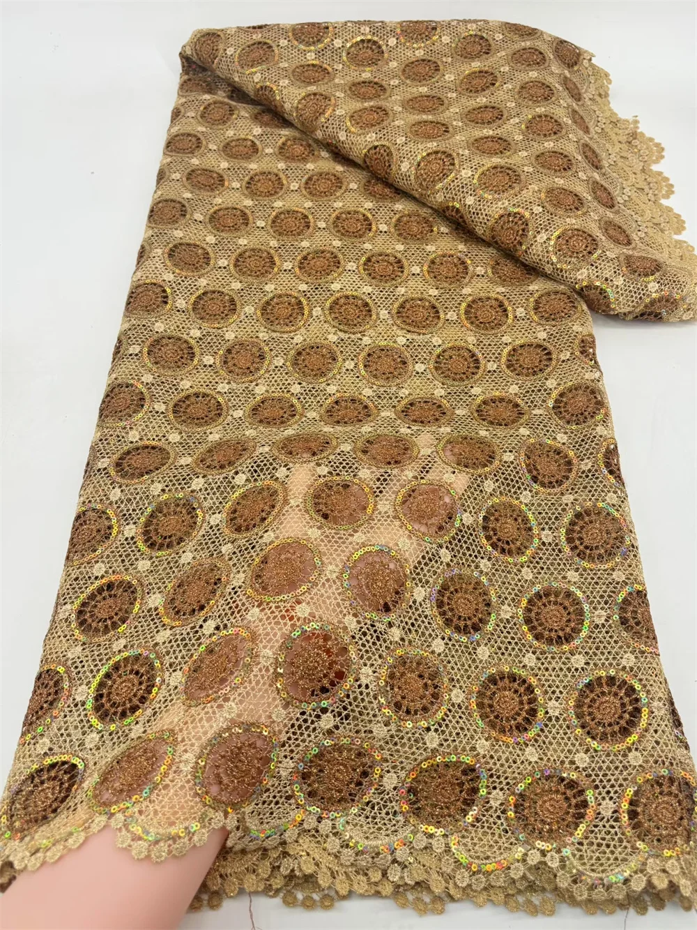 

Gold Lace Fabric 5 Yards High Quality 2025 Chiffon Organza Lace Fabric With Sequins African Lace Fabric For Wedding Dress H39-1