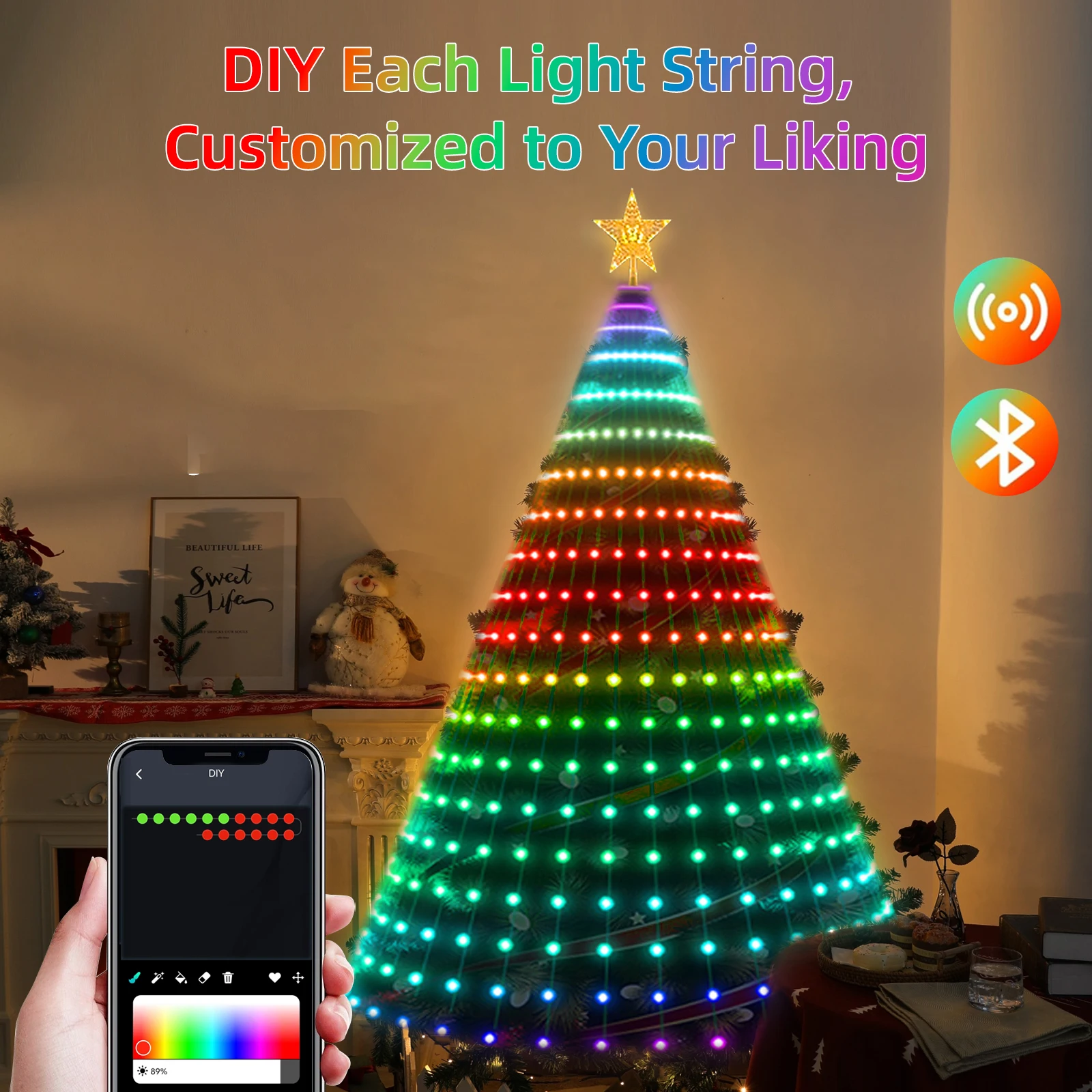 Imagem -02 - Smart Rgb Christmas Tree Lights Fairy Led Star Strings Waterfall App Bluetooth Music Rhythm Lights Xmas Holiday Decor