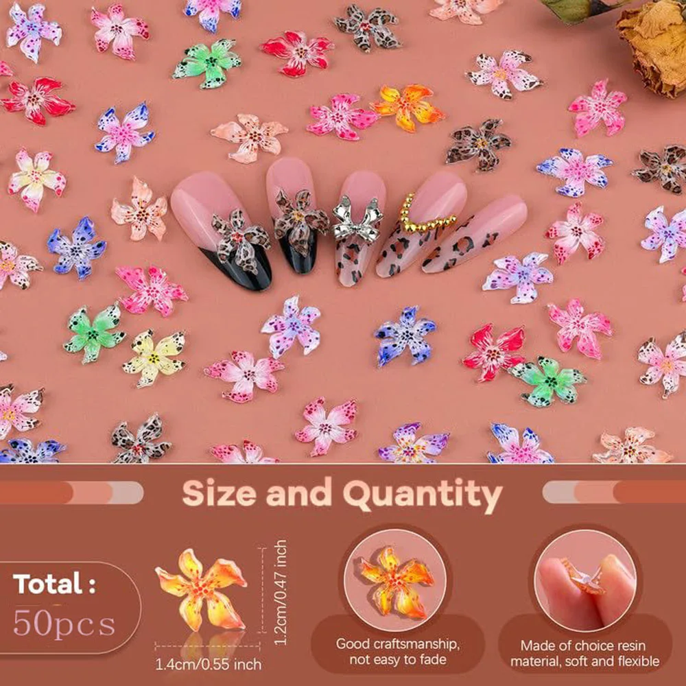 50個 グラデーション カラフル ユリ＆ハイビスカス フラワーネイルチャーム ミックス 3D ソフト スカルプテッド フローラル ネイルデコレーション マニキュアデザイン アクセサリー*