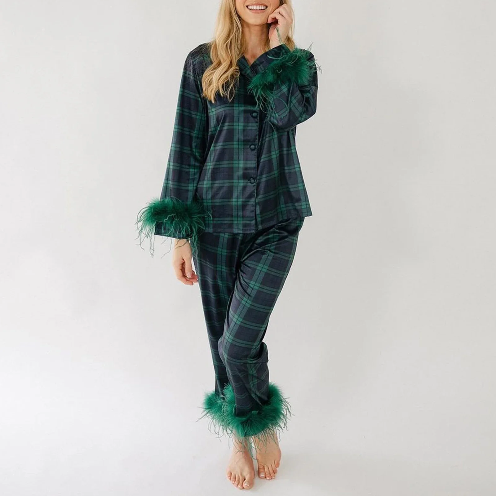 Womens Christmas Pajamas Sets Long Sleeve Button Down Fur Trim Shirt Matching Pants 2 Piece Lounge Set Sleepwear