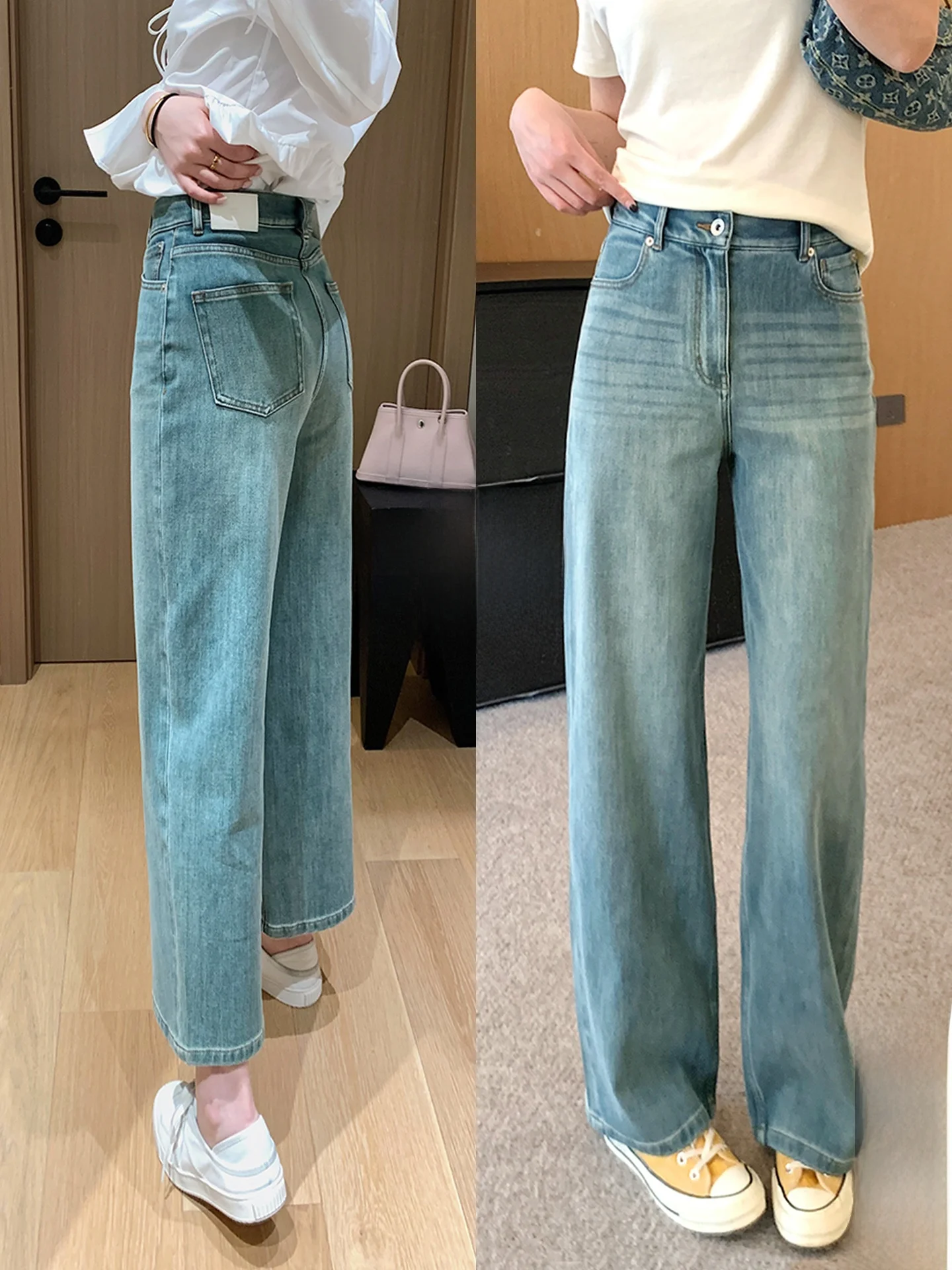

Four-Way Stretch Distressed Nine-Piece Bamboo Texture Jeans High Waist Straight Leg Cotton Spring Season Women's Loose Fit