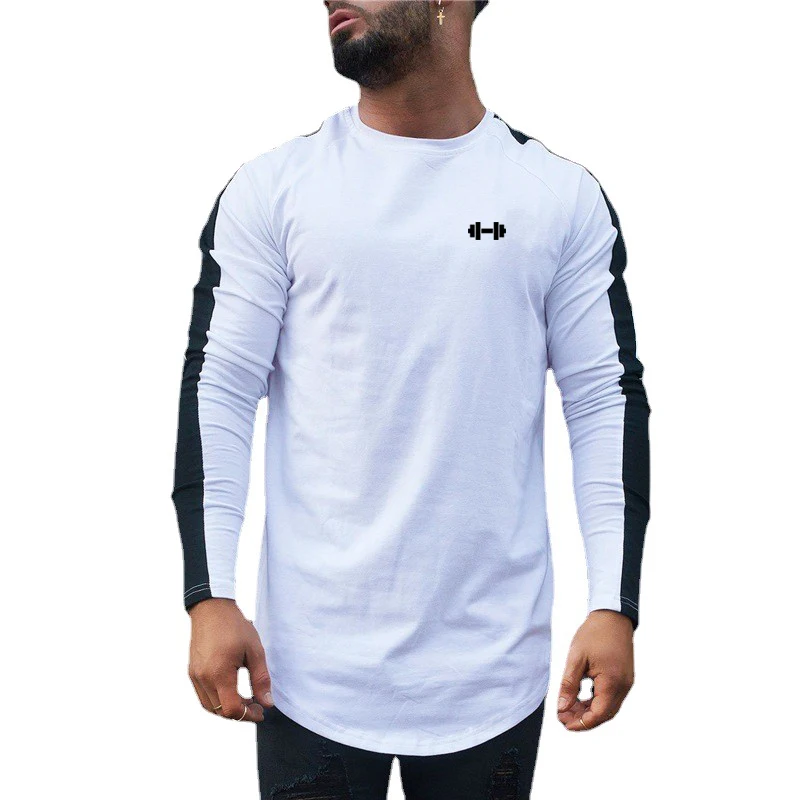 High Quality Cotton Patchwork Workout Shirt Men\'s Slim Fit Long Sleevess Sport T-shirt Gym Bodybuilding Fitness Running Clothing