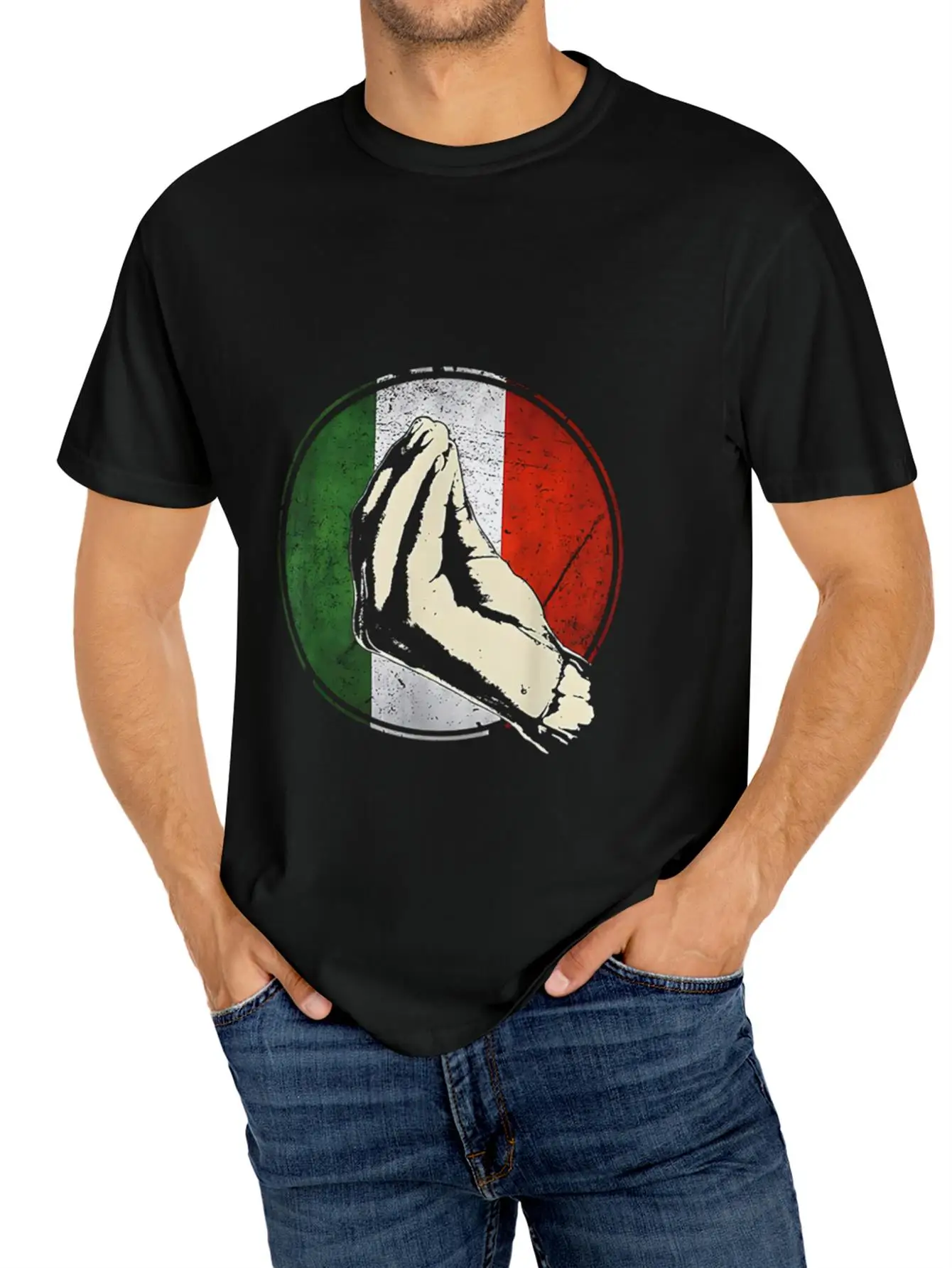 Men's T-shirt, featuring the Italian flag and praying hands - green, white, and red block design - breathable material