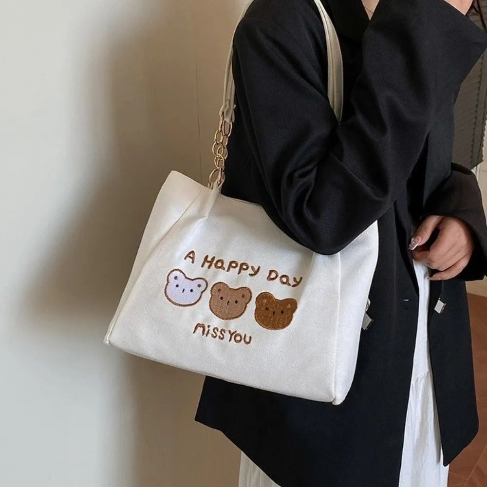 

Lunch Bag Printed Bear Shoulder Bag Korean Style Solid Color Cartoon Tote Bag Versatile Large Capacity Canvas Handbag Girls