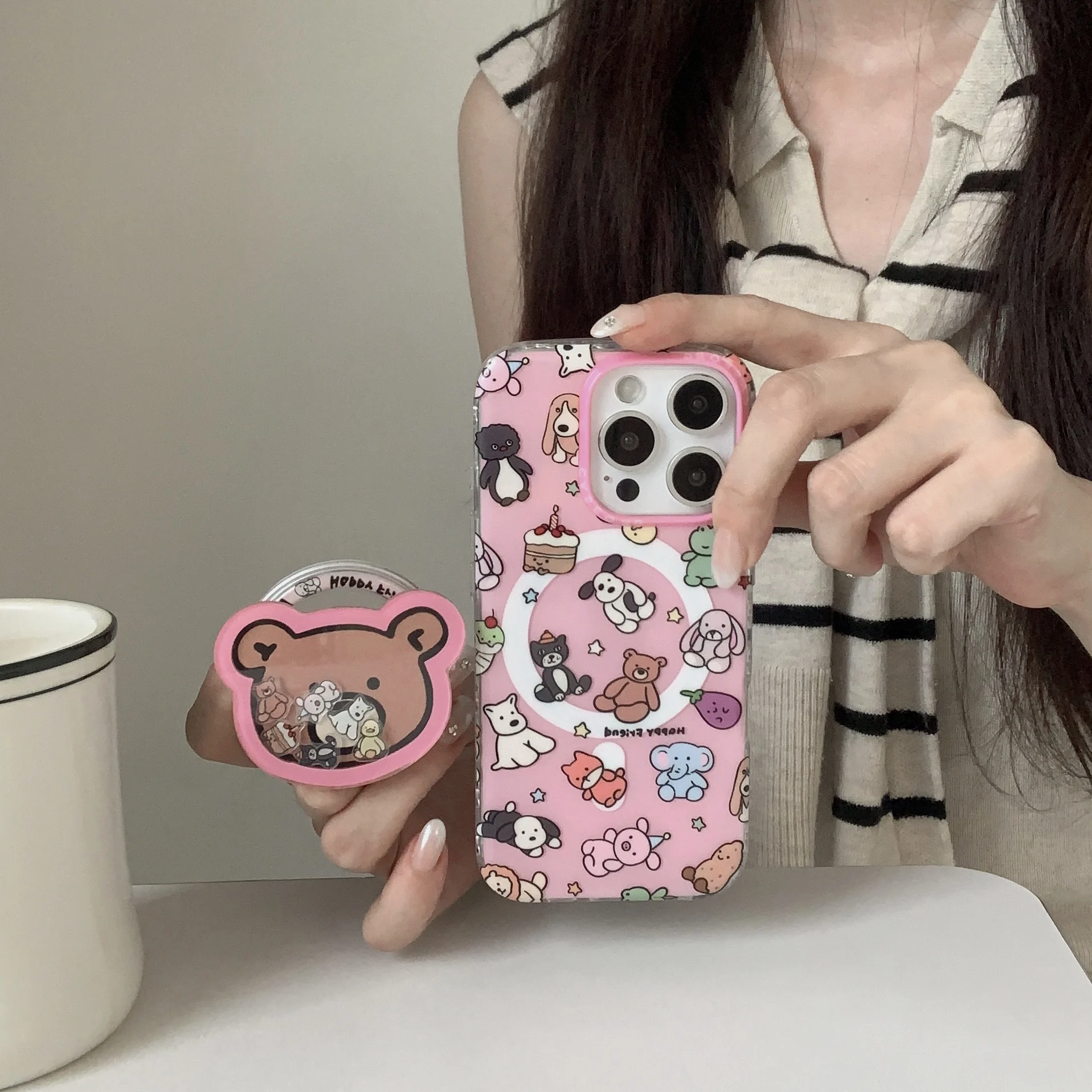 Birthday Gift Cute Cartoon For Little Animals Beer Shell Bracket Phone Case For iPhone17 16 12 13 14 15 Pro Max Anti Drop Case