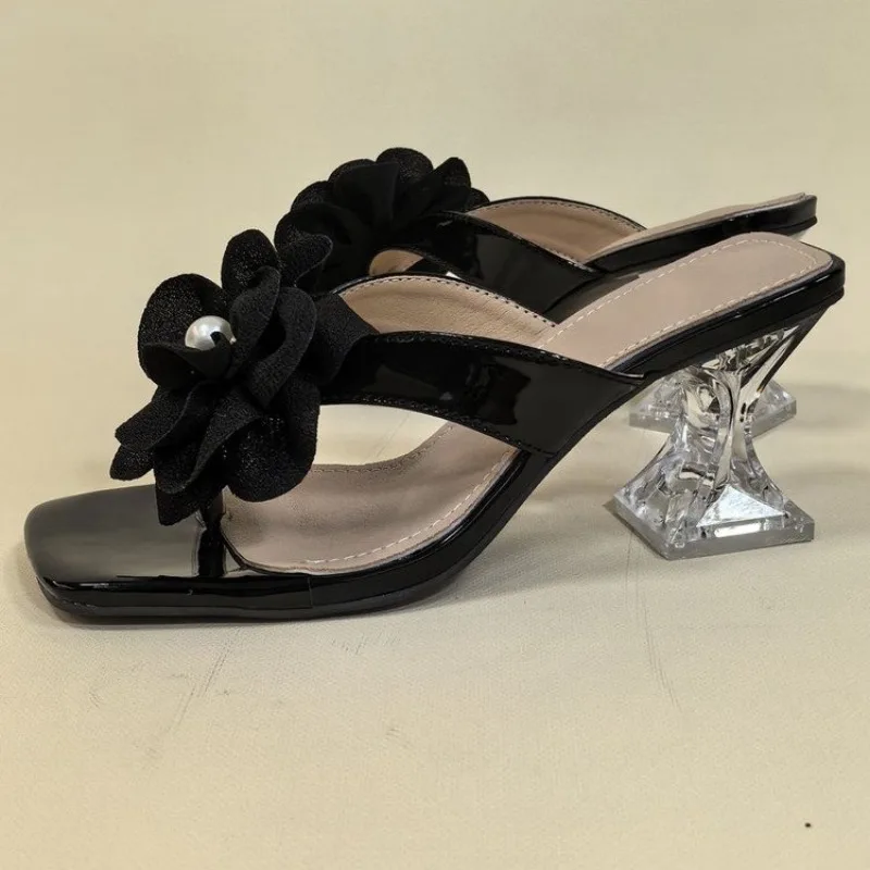 

Блестящие тапочки на высоком каблуке с цветочным принтом, женские модные сандалии с открытой пяткой, женские летние шлепанцы, роскошные женские сандалии из ПВХ со стразами и цветочным принтом