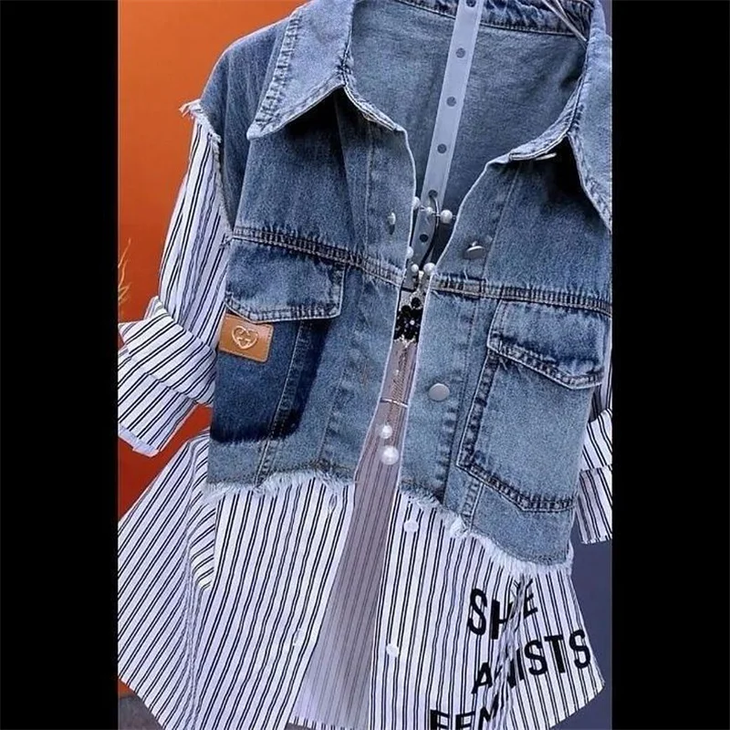 Women's Denim Jacket Design Fake Two Denim Shirts Women's 2024 Spring and Autumn Casual Fashion Joker Stitching Striped Tops