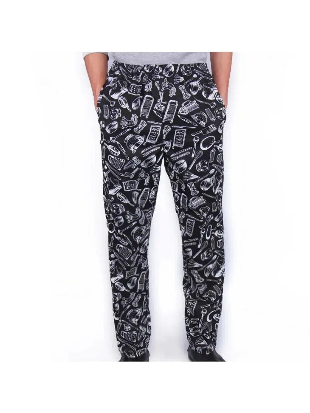 Calças Elásticas do Chef Striped, Calças de Trabalho Garçom Preto, Uniformes Chef Service, Hotel e Restaurante