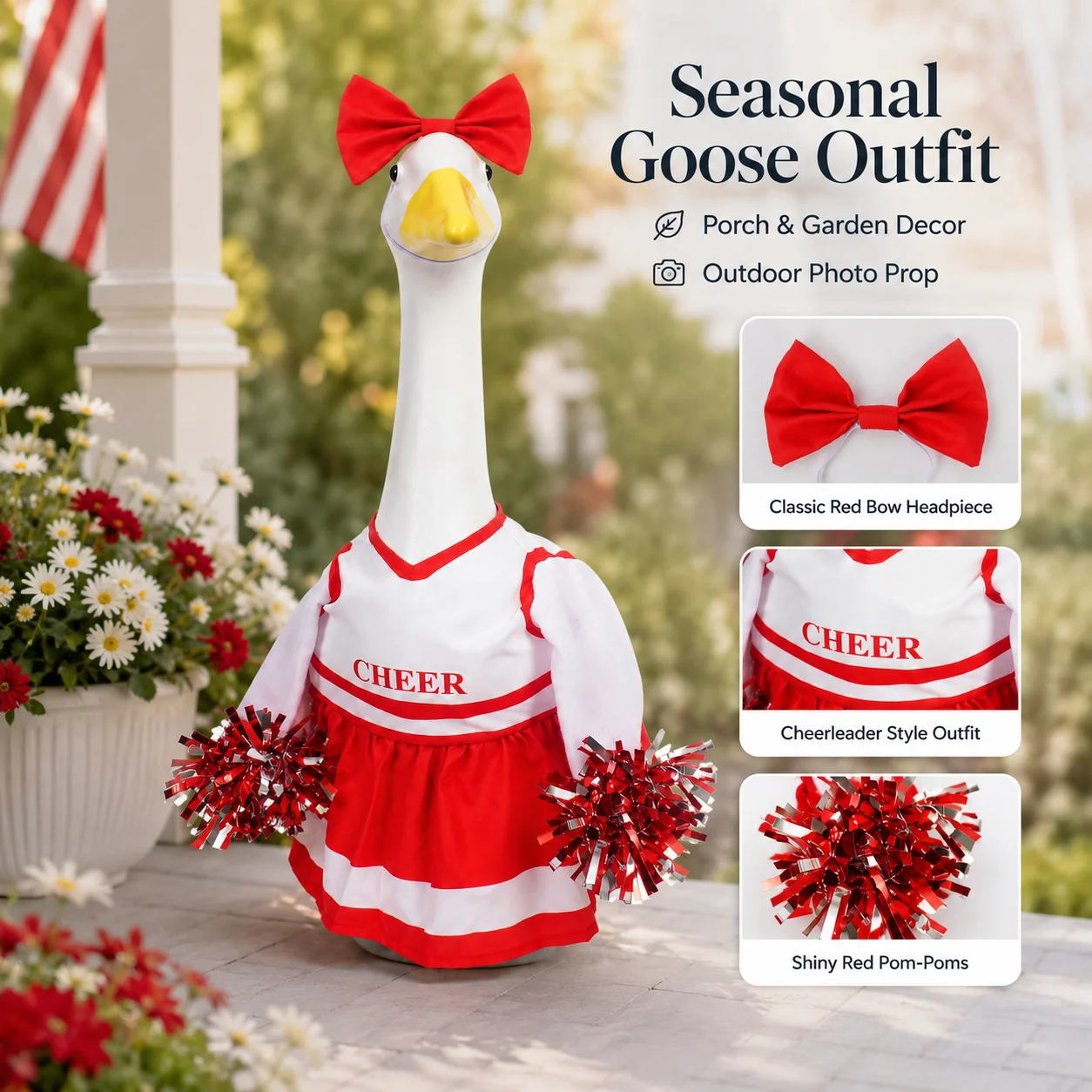 23 Inch Porch Goose Outfit Red Cheer Dress, Cheerleader Goose Clothes with Bow and Pom Poms, Football Season Outdoor Decor